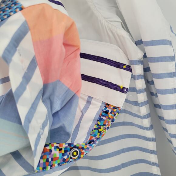 Robert Graham Mens Button Up Shirt XL White Blue Striped Geometric Flip Cuffs - Picture 8 of 16